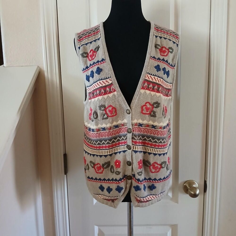 Y2K 90s Vintage Alfred Dunner Knitted Floral Sweater Vest Fair Isle Stripes L